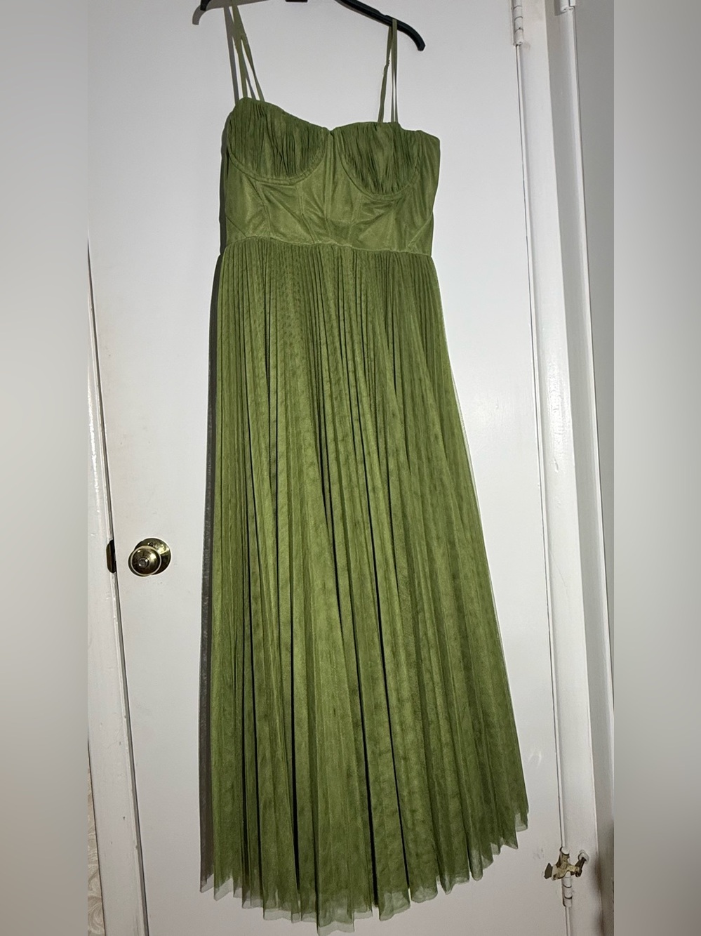 Hutch Anthropologie Olive Green Amara Corset Pleated Tulle Fit Flare Midi Dress - Picture 4 of 16